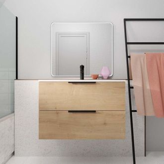 Aurlane Mueble De Ba&ntilde;o 80 Cm Suspendido Madera Clara 2 Cajones - Lavabo Blanco