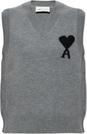 Ami Wolvest met Logo - Dames - V-hals truien - Grijs - XS - Wol - Truien & Vesten
