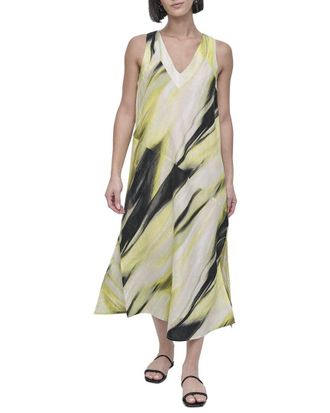 DKNY Dkny V Neck Panel Print Linen Midi Dess