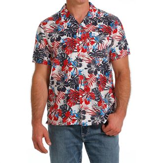 Cinch Floral Camp Short Sleeve Shirt In White Multi