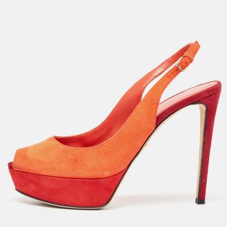 Sergio Rossi Orange Suede Peep Toe Platform Slingback Pumps