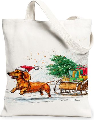 Generic Christmas Dog Canvas Tote Bags, Cute Animal Design Reusable Grocery Bags, Lightweight Washable Shoulder Strap Canvas for Travel Picnic 13x15 Inch