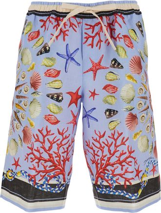 Dolce & Gabbana Multicolor Shorts With Elastic Drawstring And All-over Print In Linen Man