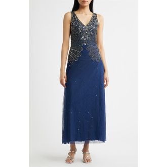 Pisarro Nights Beaded Sleeveless Chiffon Dress in Denim at Nordstrom, Size 18W