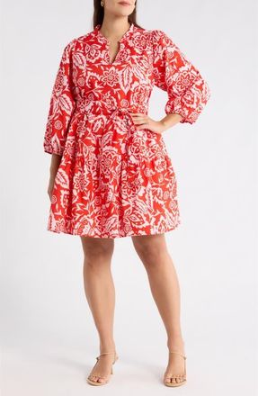 Sugarlips Hazen Floral Leola Shift Cotton Minidress in Red-Multi at Nordstrom, Size 3X