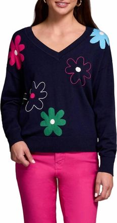 Tribal Night Fall V Neck Sweater In Blue Floral
