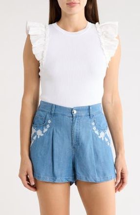 T Tahari Ruffle Mixed Media Rib Sweater in White at Nordstrom Rack, Size X-Large