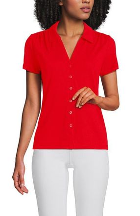 Lands End Linen Blend Short Sleeve Button Front Polo Top in Coral Red at Nordstrom, Size Large