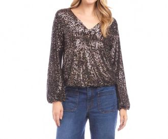 Karen Kane Blouson Sleeve Sequin V-Neck Top In Brown