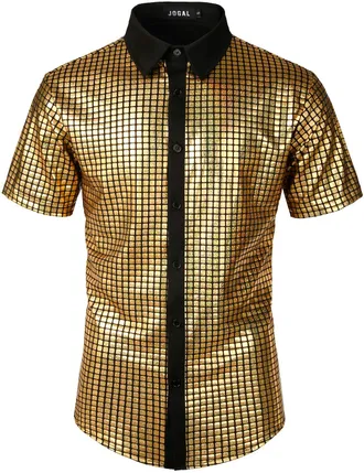 JOGAL Mens Dress Shirt Sequins Button Down Short Sleeve Shirts 70s Disco Party Costume XX-Large Gold