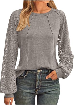 Generic Womens Lace Long Sleeve Tops Ladies Tops Crew Neck Shirt Womens Tops T Shirts Loose Casual Blouse Tops for Women UK Tops for Women UK Party wear Ladie