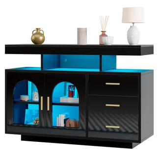 STILVORA Credenza Da Cucina Con 2 Ante, 3 Cassetti E 4 Vani Aperti Con Led, In Pannelli Di Particelle, Nero, 120&times;40&times;80 Cm