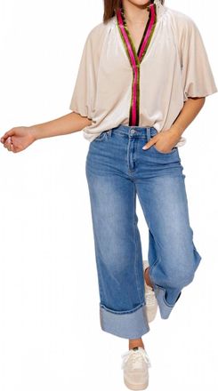 THML Clothing Split Neck Contrast Placket Blouse In Cream