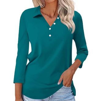 Generic 3/4 Sleeve Polo Shirts for Women UK Ladies Golf Tops Casual Workout Tops Yoga Tennis Runnning T Shirts Moisture Wicking Sport Gym Athletic Top S-3XL Y