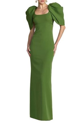 Mac Duggal Crepe Square Neck Gown With Puff Sleeves in Moss Green at Nordstrom, Size 16