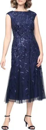 Alex Evenings Sequin Leaf Embroidery Cocktail Midi Dress in Navy at Nordstrom, Size 12