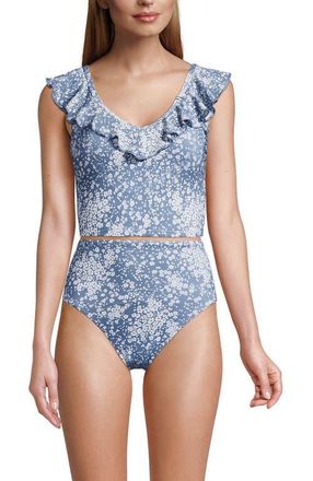 Lands End Pique Ruffle Tankini Top and High Waisted Bottom Swimsuit Set in Dusk Sky Meadow Ditsy Floral at Nordstrom, Size X-Large