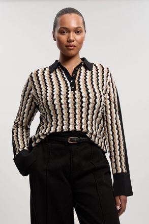 Karen Millen Womens Plus Size Knit Pointelle Contrast Collared Top - Beige viscose - Size X-Large