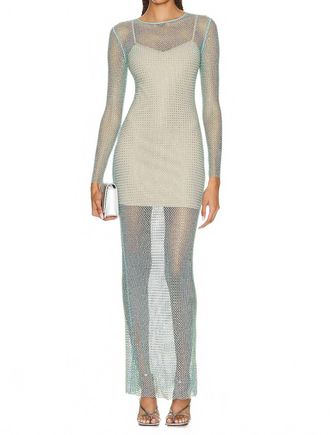 Self Portrait Mint Hotfix Fishnet Keyhole Maxi Dress In Green