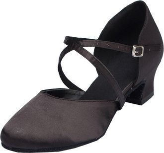 Minitoo Womens Latin Salsa Ankle Strap Closed Toe Satin Dance Shoes L116 Black 5cm Heel UK 6