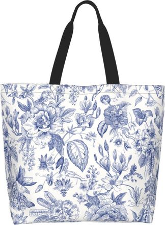 Generic Flower Blue White Leaves Grocery Bag Reusable Shopping Bag Large Capacity Tote Bags For Travel Camping Beach