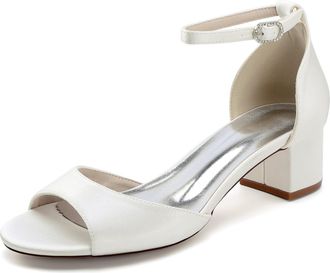 Generic Heels Wedding Shoes Block Heel Bridal Satin Open Toe Low Heels Sandals Prom Evening Formal Party Shoes 4.5Cm,Ivory,10 UK