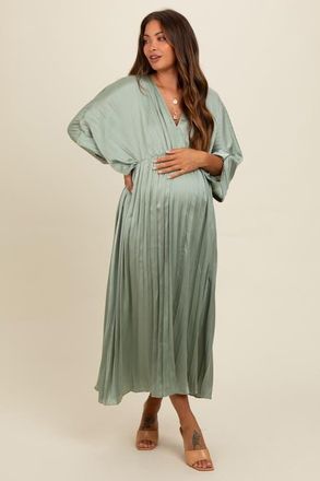 Pinkblush Satin Pleated V-Neck Maxi Dress in Light Olive at Nordstrom, Size Medium