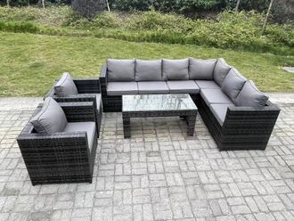Fimous 8 Seater Rattan Corner Sofa Lounge Sofa Set With Rectangular Coffee Table 2 Arm Chair Right Hand in Dark Grey