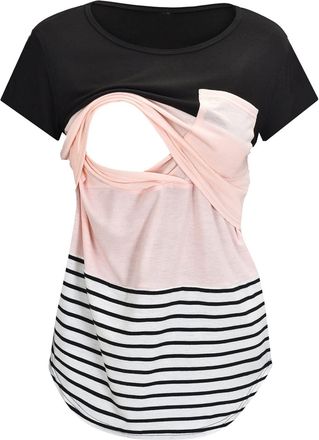 Generic Maternity Warm Womens Maternity Short Sleeve Crew Neck Striped Printed Nursed Tops T Shirt for Breastfeeding Lace Tops Pack (Pink, S)