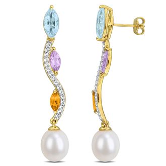 Mimi & Max 9mm Cultured Freshwater Pearl 10 3/4ct TGW Blue Topaz Citrine White Topaz Earrings Yellow Silver
