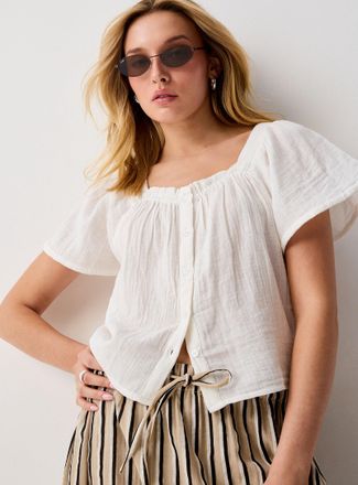 Ichi Womens Pure cotton gauze square-neck cropped blouse