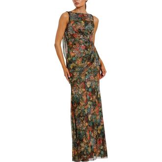 Mac Duggal High Neck Printed Mesh Cowl Back Column Gown in Charcoal Multi at Nordstrom, Size 14