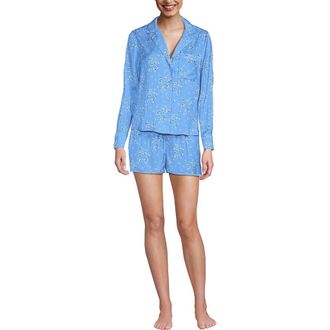 Lands End Plus Size Matte Satin 2 Piece Pajama Set - Long Sleeve Top and Shorts in Bermuda Blue Snow Drop Floral at Nordstrom, Size X-Large