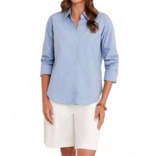 Karen Kane Ruched Sleeve Button Up In Chambray Blue