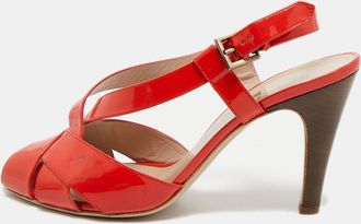 Ferragamo Orange Patent Peep Toe Slingback Pumps
