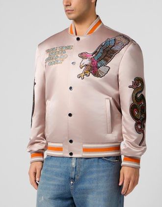 Philipp Plein Shiny Satin Bomber Tattoo Patches Strass Men in Beige at Nordstrom, Size Xxx-Large