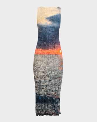 Roberto Cavalli Sunrise-Print Pleated Silk Midi Dress
