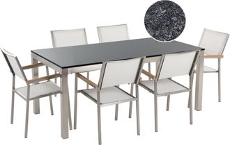 Beliani Conjunto De Comedor De Jard&iacute;n Blanco Con Mesa 180 X 90 Cm De Granito Flameado 6 Sillas De Rat&aacute;n Grosseto