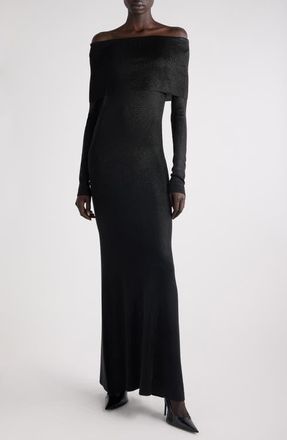 Balenciaga Off the Shoulder Long Sleeve Metallic Knit Maxi Dress in Black at Nordstrom, Size Medium