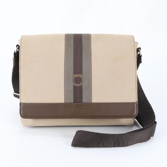 Ferragamo Beige Brown Leather Canvas Messenger Bag Shoulder Bag (Pre-Owned)