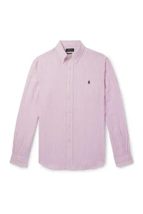 Polo Ralph Lauren Button-Down Collar Logo-Embroidered Striped Linen Shirt