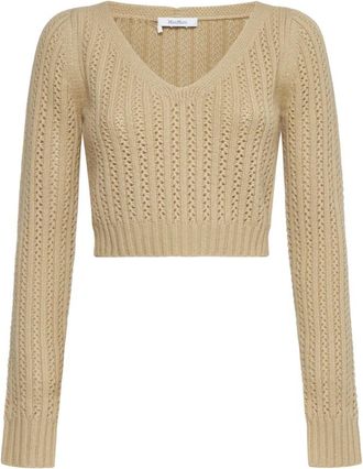 Max Mara Ecru Gehaakte Wollen Kasjmier Trui - Dames - V-hals truien - Beige - XL - Wol - Truien & Vesten