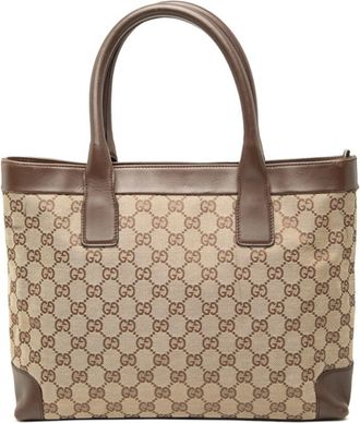 Gucci Beige Brown Canvas Leather Handbag Tote Bag (Pre-Owned)