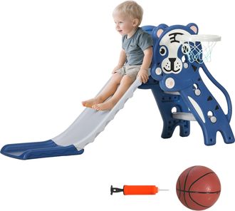 OEM Tobog&aacute;n Para Ni&ntilde;os De 18 A 36 Meses Con 2 Escaleras 1 Canasta De Baloncesto Y Patr&oacute;n De Tigre 133x60x70 Cm Azul Y Gris