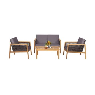 Costway Costway 4Pcs Patio Acacia Wood Furniture Set Outdoor PE Rattan Conversation Set in Grey