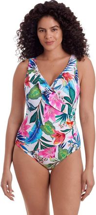 Longitude Ruffle Front Surplice Long Torso One-Piece Swimsuit in Midnight Plumeria at Nordstrom, Size 12