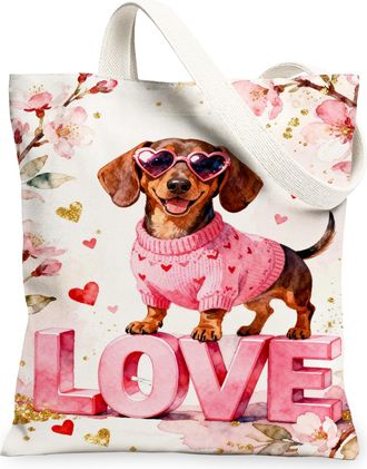 Generic Floral Dog Canvas Tote Bag, Cute Animal Design Reusable Grocery Bags, ValentineS Day Lightweight Washable Shoulder Strap C, White, 13x15 Inch
