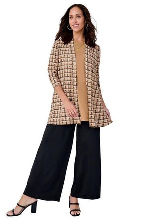 Jessica London Stretch Knit Open Front Knit Topper in Camel Mixed Animal at Nordstrom, Size Medium