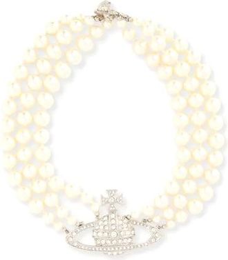 Vivienne Westwood Three Row Bas Relief Brass And Swarovski-Pearl Choker Necklace