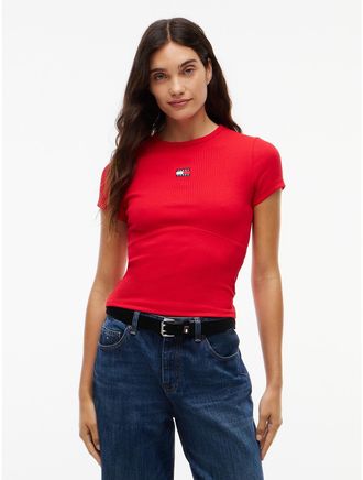 Tommy Hilfiger Womens Tommy Jeans Ribbed Crewneck T-Shirt - Lavish Red - XL